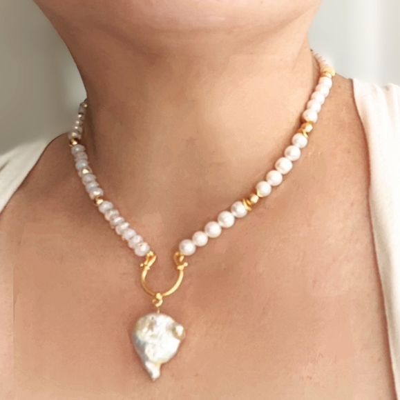 White Opal W/ Gold Specks Beads & Natural Pearls W/ Pearl Pendant Necklace - Picture 9 of 9